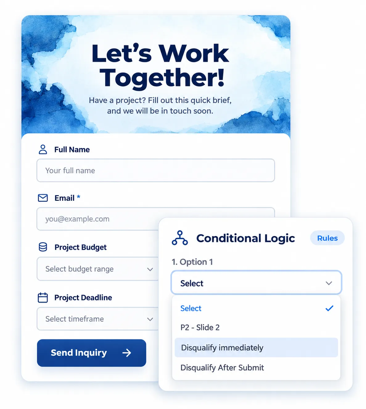 Example of an online survey form with fields for name, email, project budget, and deadline, showcasing survey software with conditional logic and automatic disqualification options.