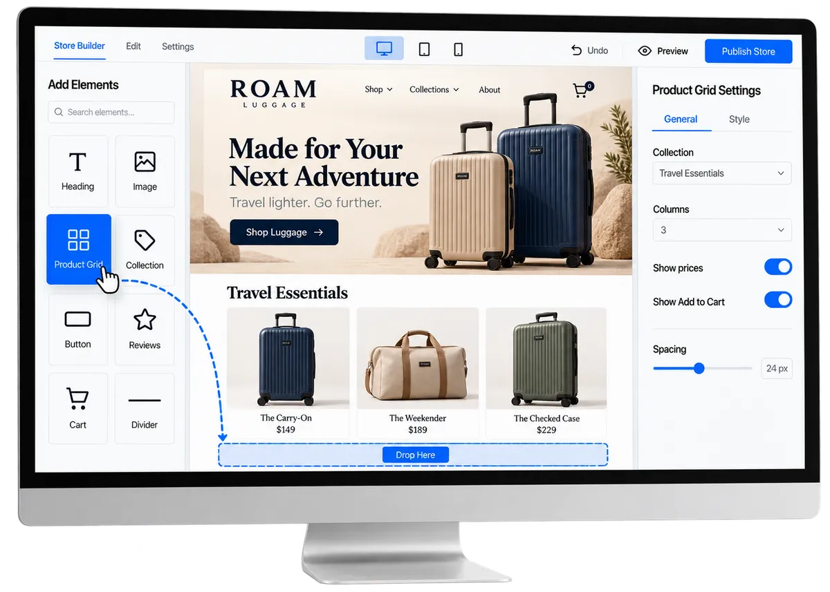 Ecommerce website templates showcasing product pages, travel shop design, flower shop layout, and modern online store examples for selling digital and physical products.