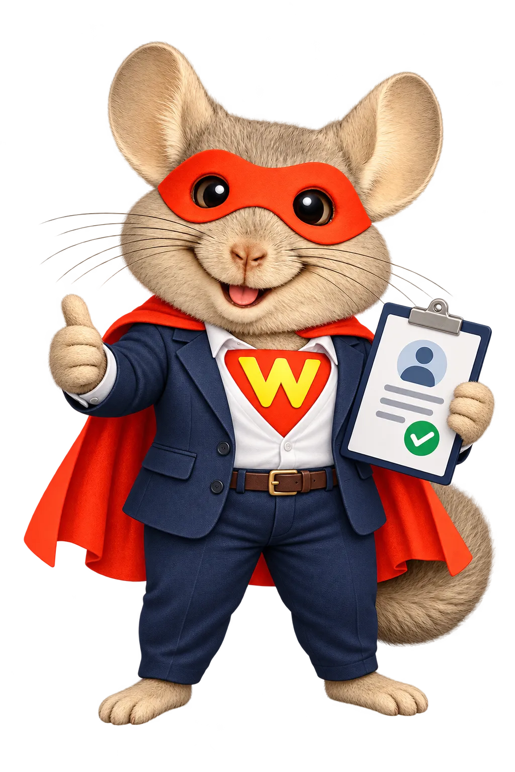 WinChilla mascot in a navy suit holding a candidate clipboard, representing recruitment CRM software for staffing and recruitment agencies.