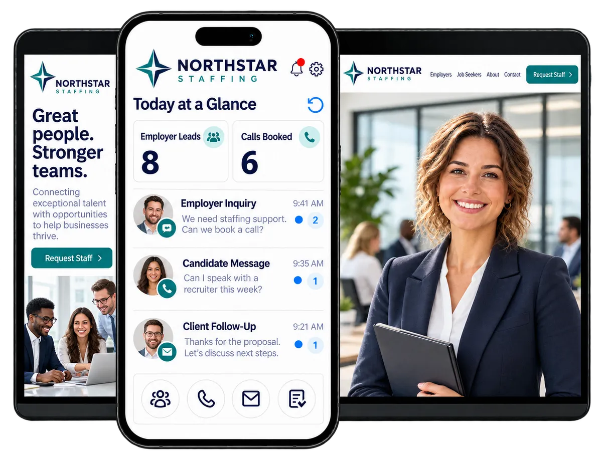 Staffing agency CRM displayed on a smartphone beside a tablet showing a recruitment website, employer inquiries, candidate messages, and booked calls.