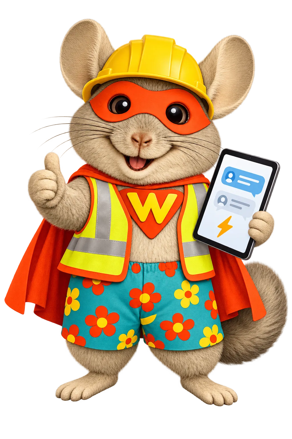 WinChilla energy CRM mascot wearing a utility hard hat and safety vest, holding a tablet and giving a thumbs-up.
