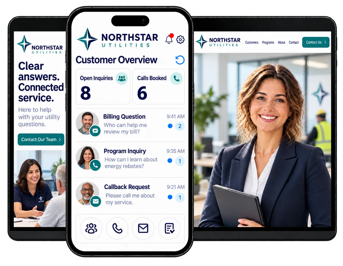 Utility customer engagement platform displayed on a smartphone and tablet, showing customer inquiries, booked calls, and a utility company website.