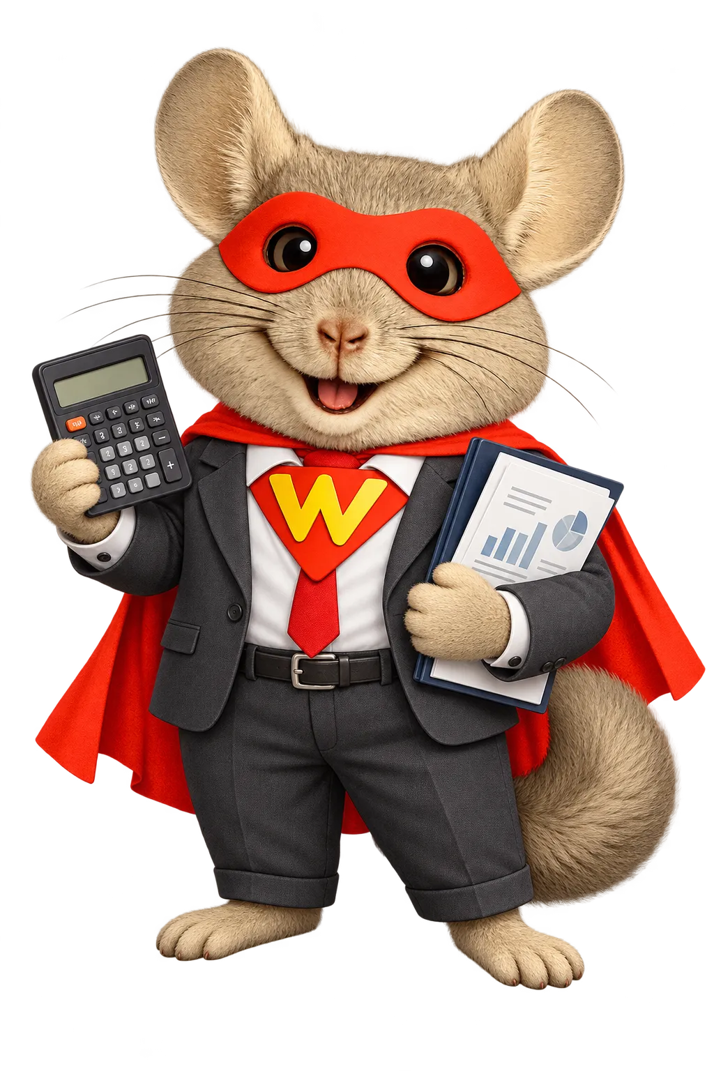 WinChilla superhero chinchilla mascot dressed as an accountant, holding a calculator and financial reports, representing CRM for accountants.