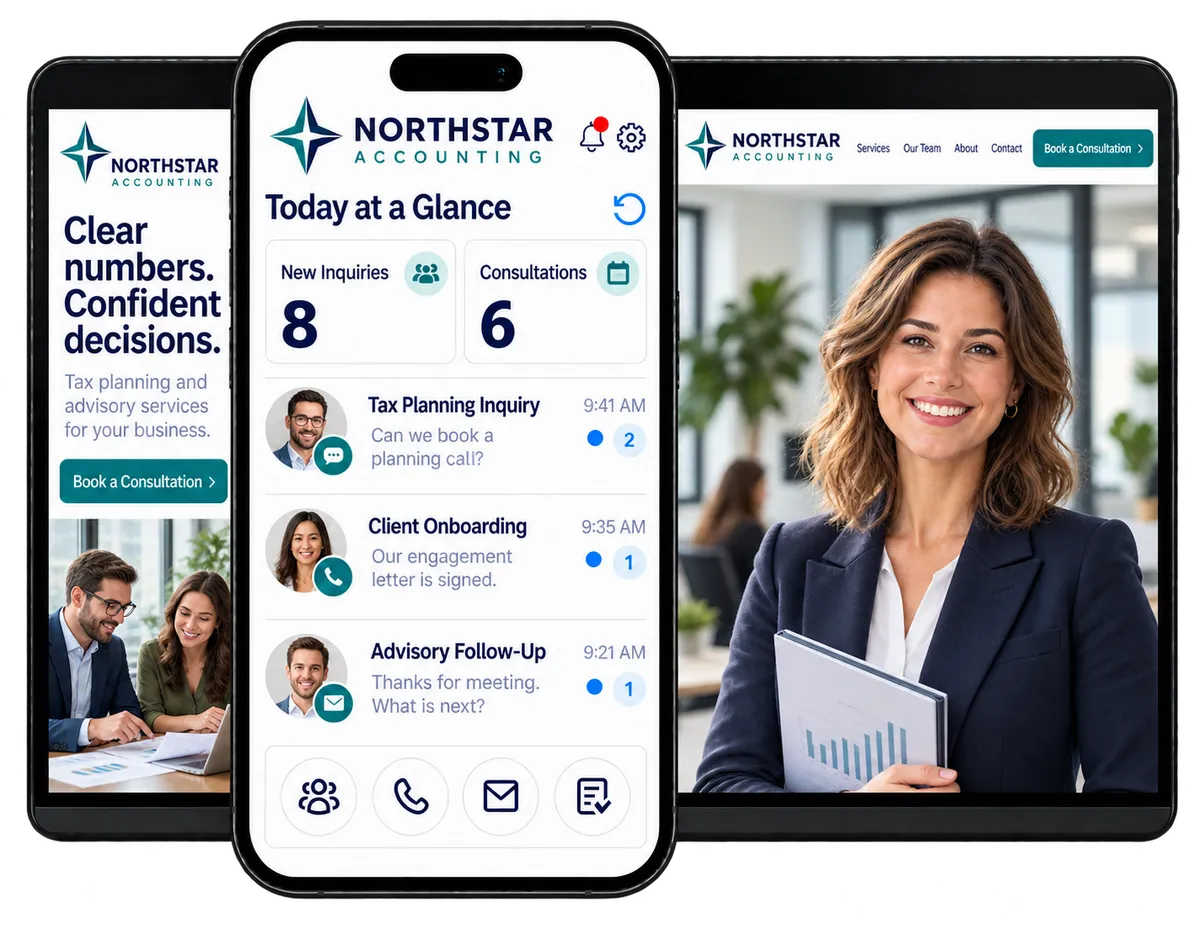 Accounting CRM software displayed on a smartphone and tablet, showing client messages, consultation bookings, and an accounting firm website.