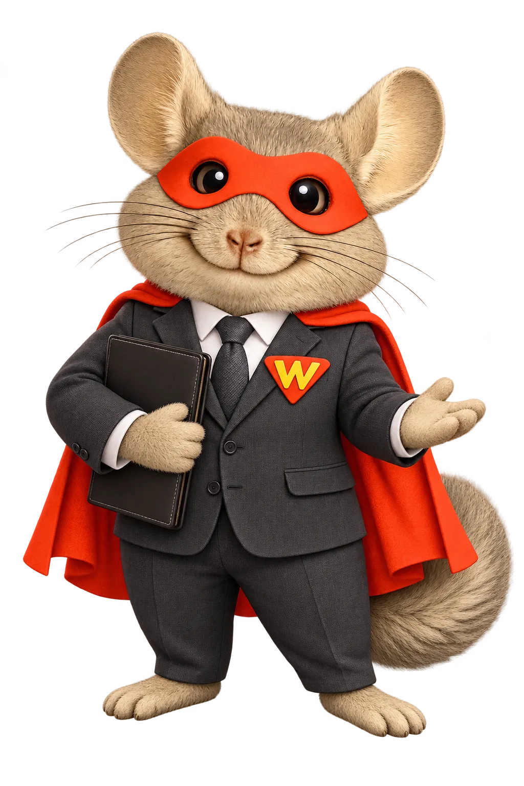 WinChilla mascot in a charcoal suit holding a planning folder, representing funeral home marketing and thoughtful family follow-up.