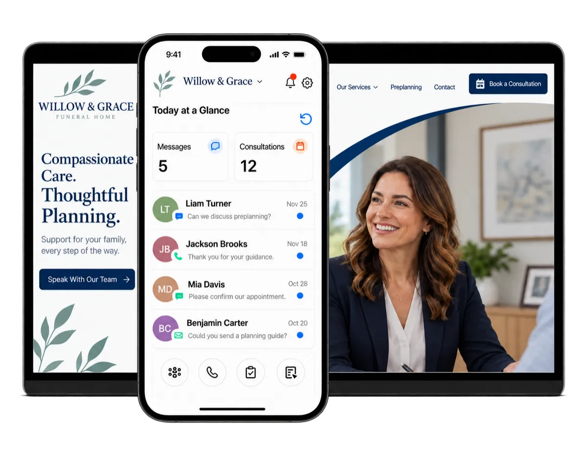 Legal CRM software displayed across mobile and desktop devices