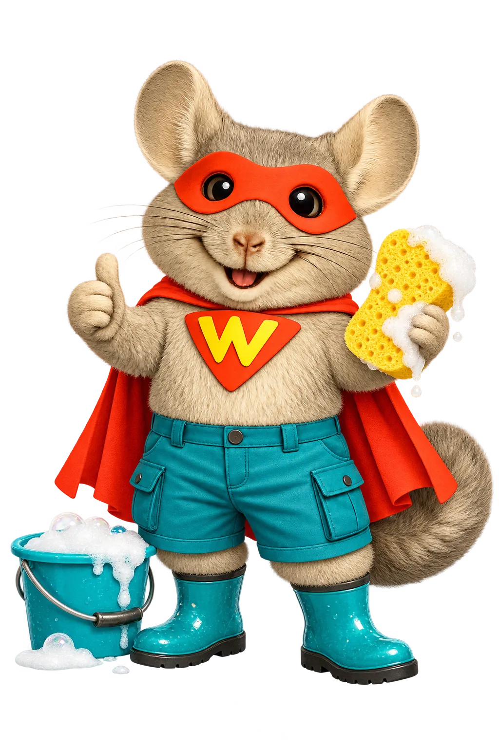WinChilla chinchilla mascot holding a soapy sponge beside a wash bucket, representing car wash marketing.