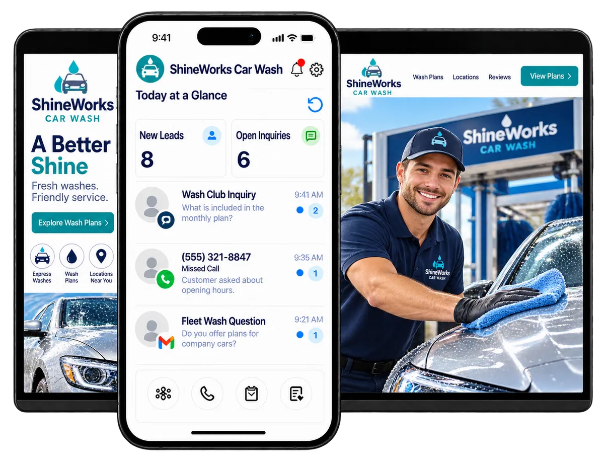 Car wash CRM displayed on a smartphone beside a tablet showing a car wash website, customer inquiries, and wash plans.