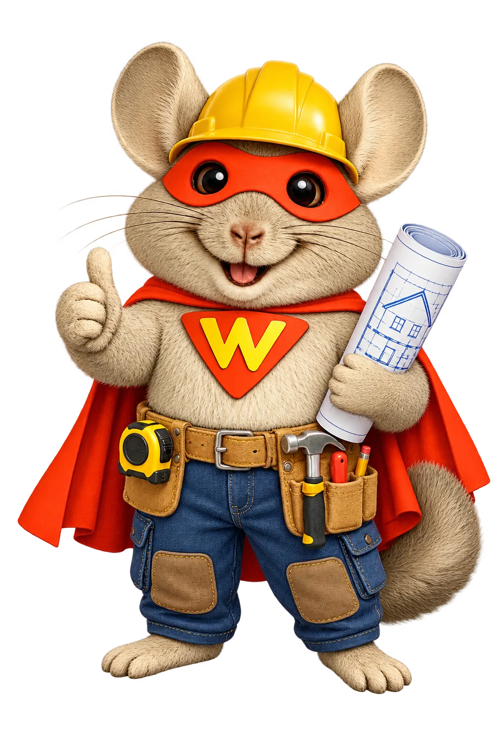 WinChilla chinchilla mascot wearing a hard hat and tool belt, holding house plans to represent the best CRM for home builders.