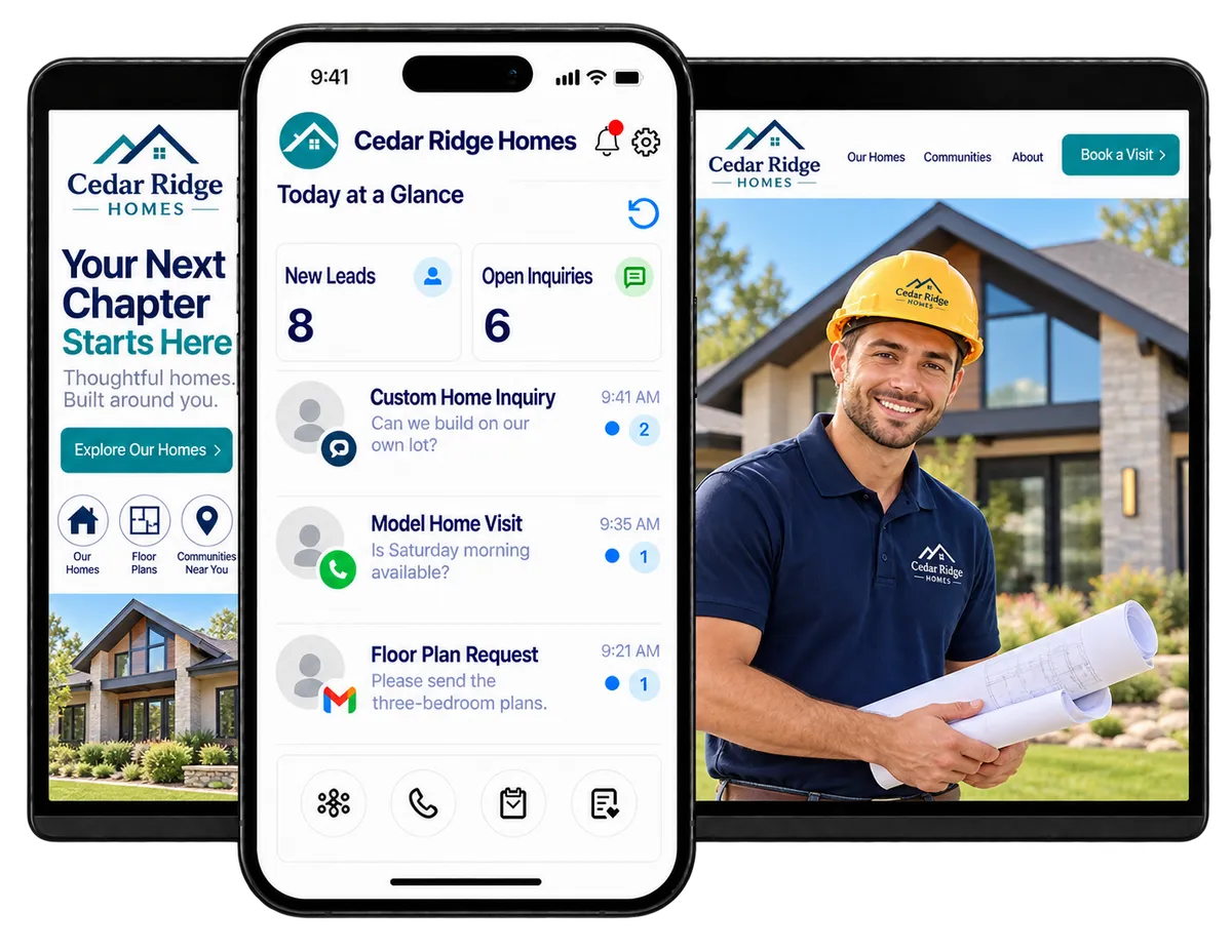 Tablet and smartphone showing home builder website design and a CRM inbox with custom home inquiries, model home visits, and floor plan requests.