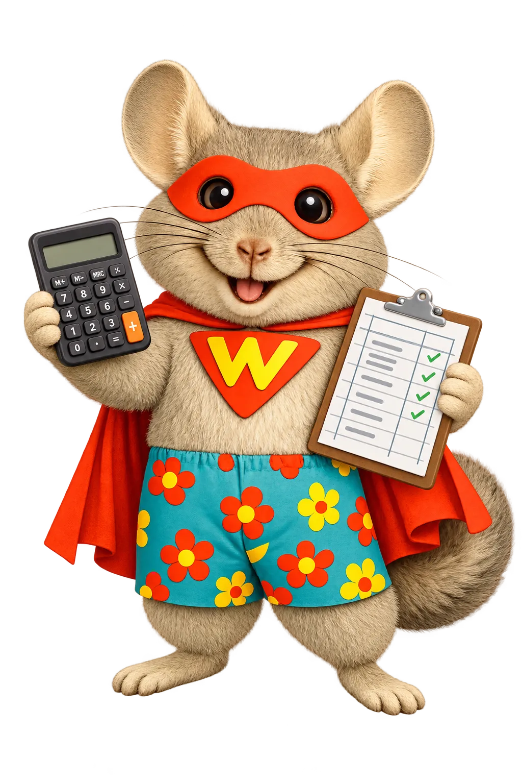 WinChilla superhero chinchilla holding a calculator and bookkeeping checklist, representing CRM for bookkeepers.