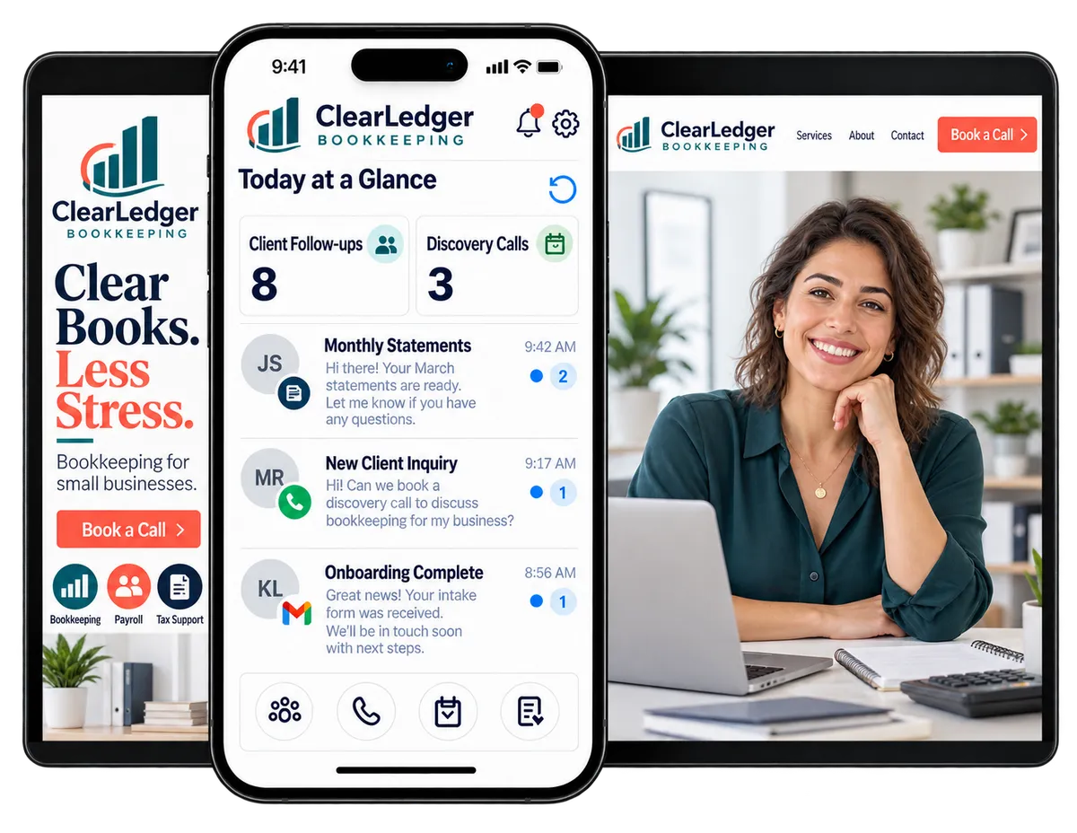 Bookkeeping CRM displayed on a smartphone beside a tablet showing a bookkeeping business website.