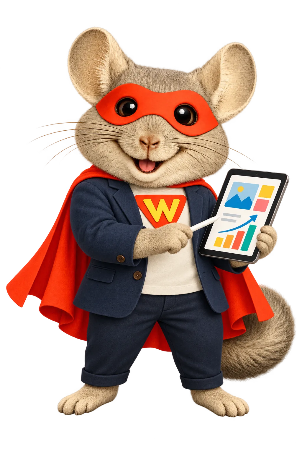 WinChilla superhero chinchilla holding a marketing tablet, representing CRM for agencies.