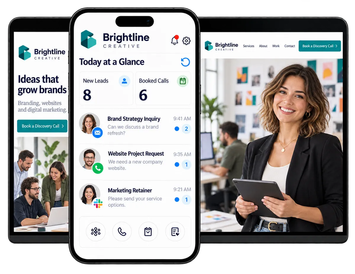 Marketing agency CRM displayed on desktop and mobile, showing new leads, booked calls, and client inquiries.