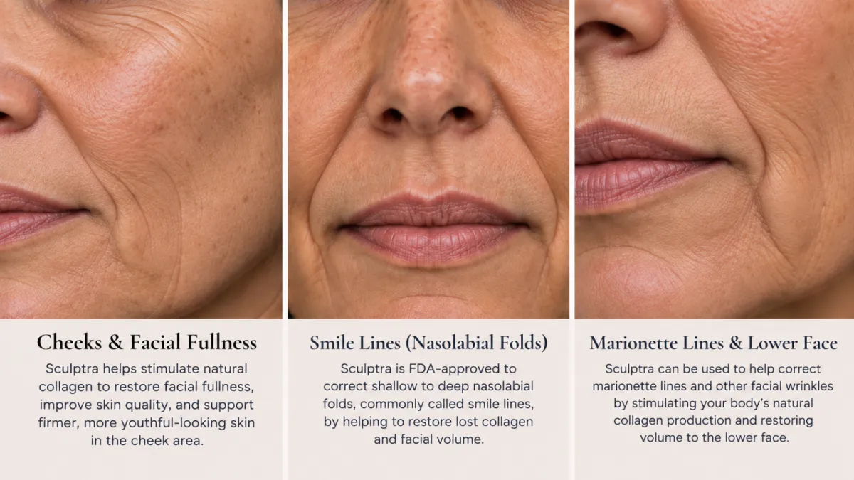 Common Sculptra treatment areas including cheeks, smile lines and marionette lines at Treuvis Med Spa in Clinton Township, MI