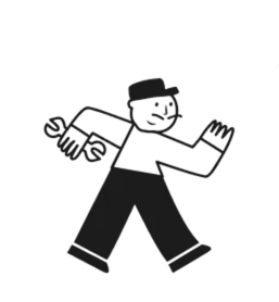 Retro style black-and-cream line-art character illustration of a confident plumber