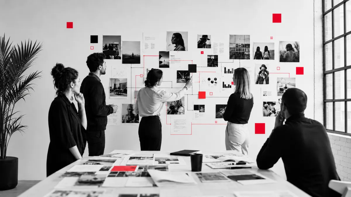 Equipo de estrategia de marca revisando un moodboard visual con fotografías, gráficos y acentos rojos en un estudio creativo.