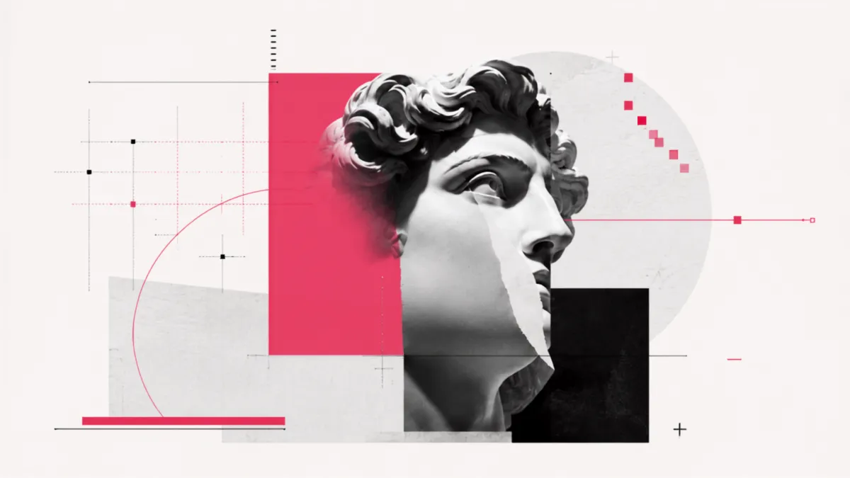 Escultura clásica parcialmente descubierta con líneas estratégicas y capas abstractas, representando el proceso de revelar y nombrar el significado central de una marca.