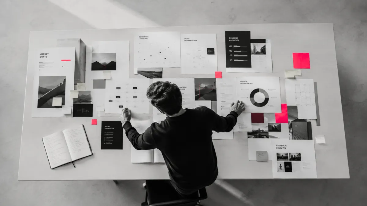 Vista cenital de una persona organizando documentos y gráficos estratégicos sobre una mesa, en blanco y negro con acentos rojos.