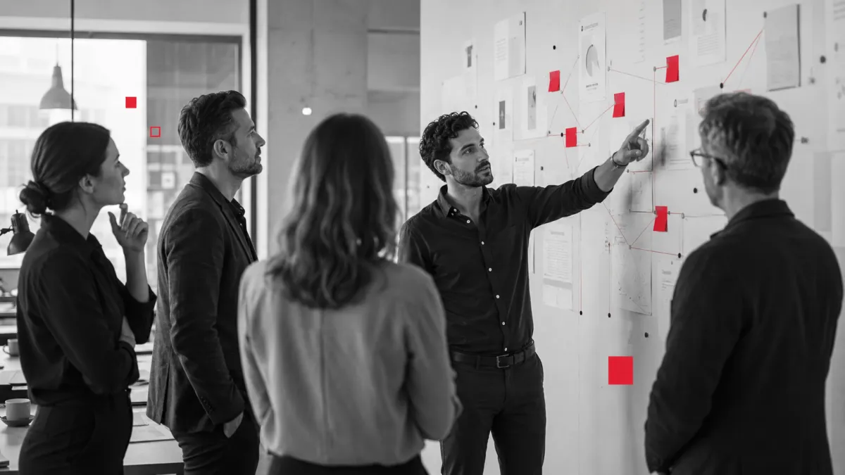 Equipo ejecutivo en una sesión estratégica frente a un muro de información, mientras un líder conecta ideas y explica la dirección de la empresa.