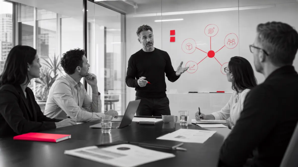 Founder presentando una dirección estratégica a su equipo de liderazgo durante una reunión, con elementos visuales conectados en rojo DBA.