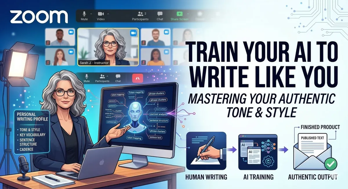 an image depicting an ai on the screen of zoom, and detailing the description