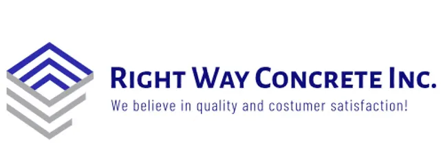 Logo for Right Way Concrete Inc. featuring a stylized stacked chevron graphic in blue and grey, alongside the company name and the tagline “We believe in quality and customer satisfaction!”