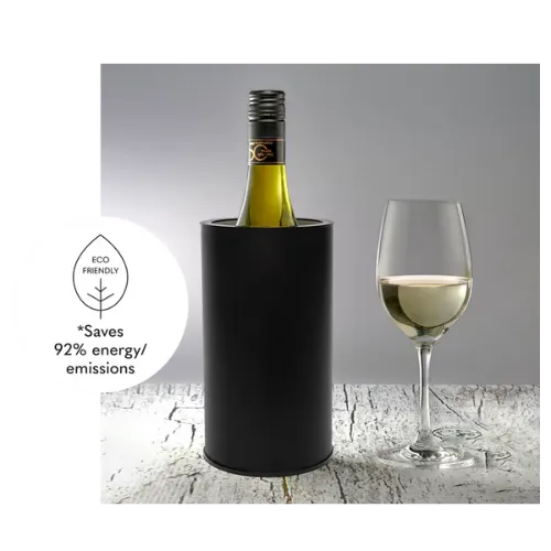 Display of the Hielo wine cooler with an eco-friendly stamp that reads "Saves 92% energy/emissions"