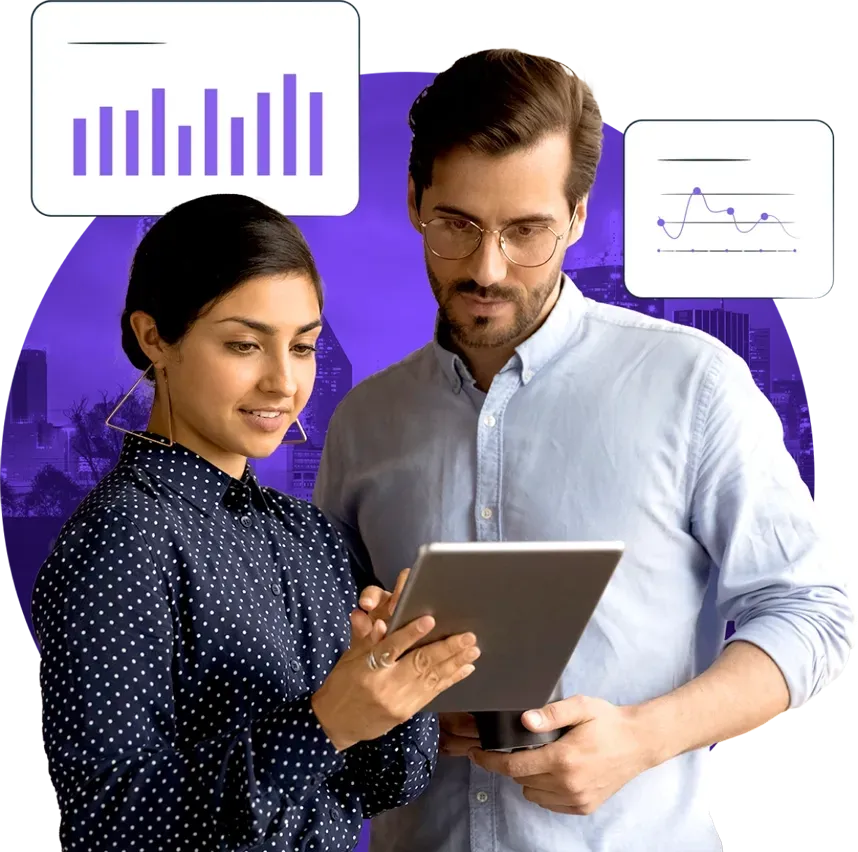 Two professionals analyzing data on a tablet with analytics graphs and the Dallas skyline in the background, representing expertise in Dallas SEO services and local SEO strategies.