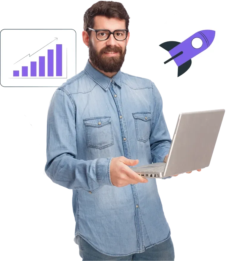 Smiling professional holding a laptop, with an upward graph and a rocket icon in the background, symbolizing growth and success through Dallas SEO services and local SEO strategies.
