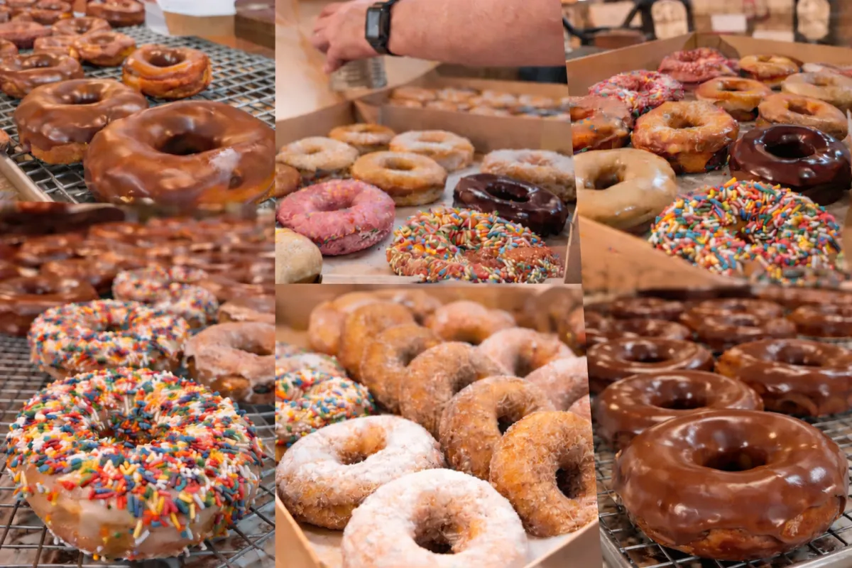 Hill City Donuts storefront on a rainy downtown Lynchburg street