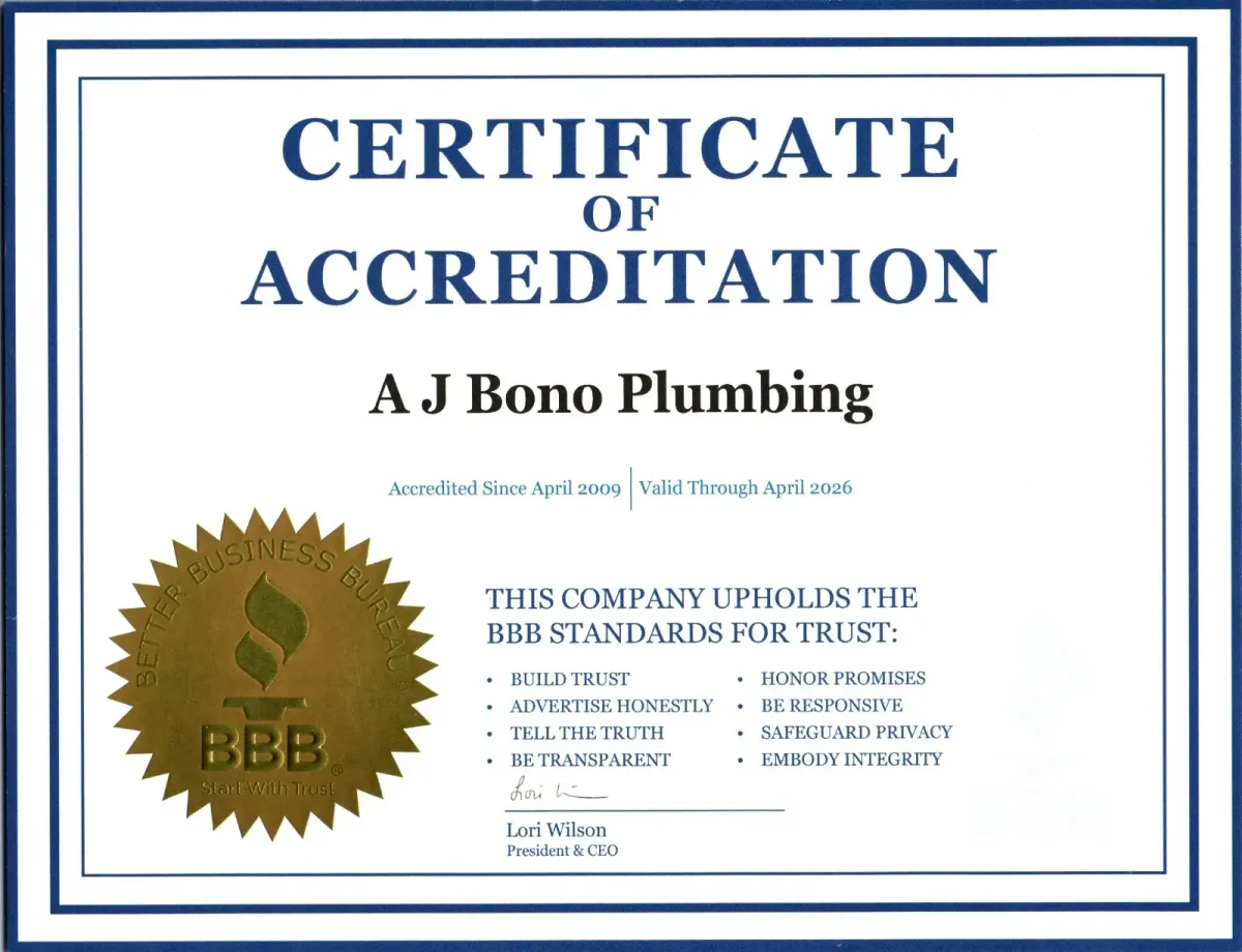 BBB Certification for AJ Bono Plumbing