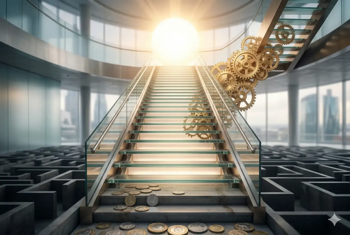 Diverse UK SME owners in boardroom analyzing growth charts