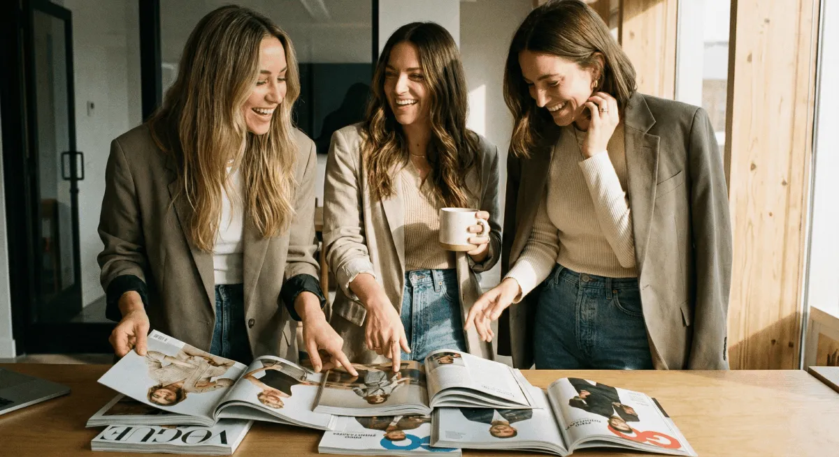A young woman reads a document at a sunlit desk with a laptop, lamp, and plants, creating a calm and productive workspace.