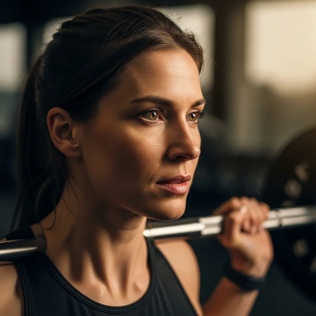 A woman lifting a barbell in a gym, mid-set.