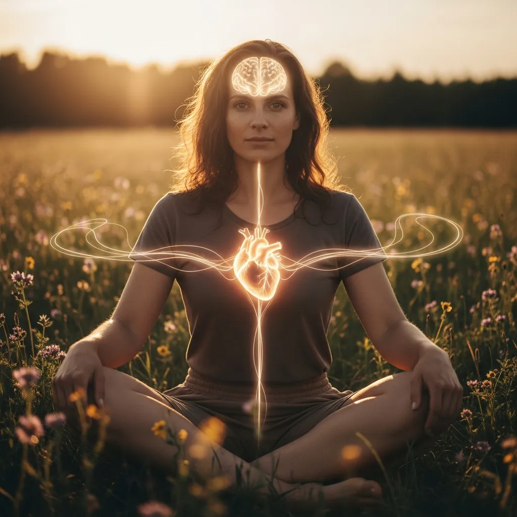 Illustration of a woman with light radiating from her chest, representing the mind-body connection