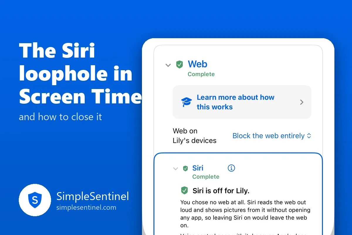 SimpleSentinel's Web settings for a child, with Siri switched off
