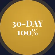 Circular gold badge with the text '30-DAY 100%' in the center.