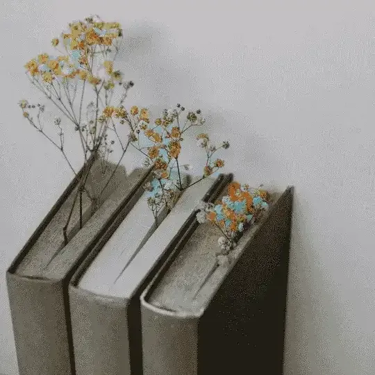 Dried yellow flowers arranged in the pages of three standing books