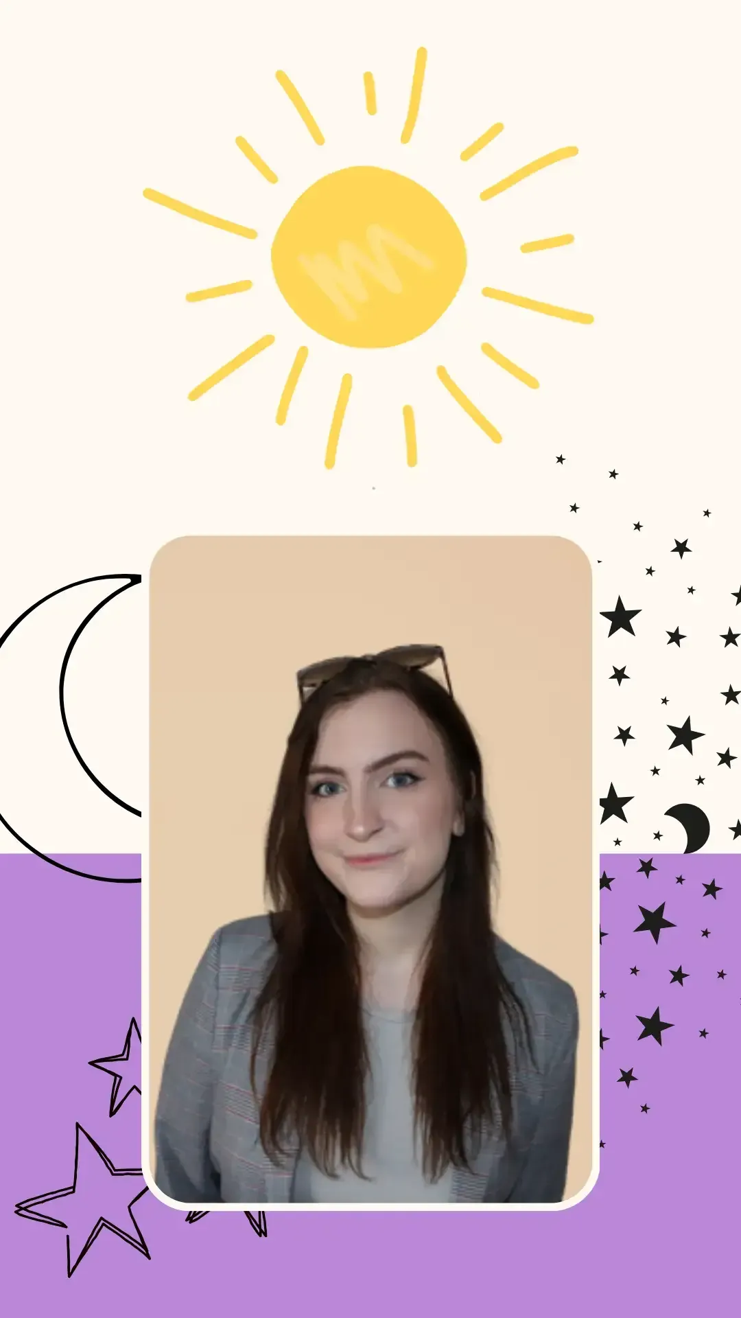 Jane Hargrave smiling in front of a whimsical background with a sun on top and a moon with stars on the bottom