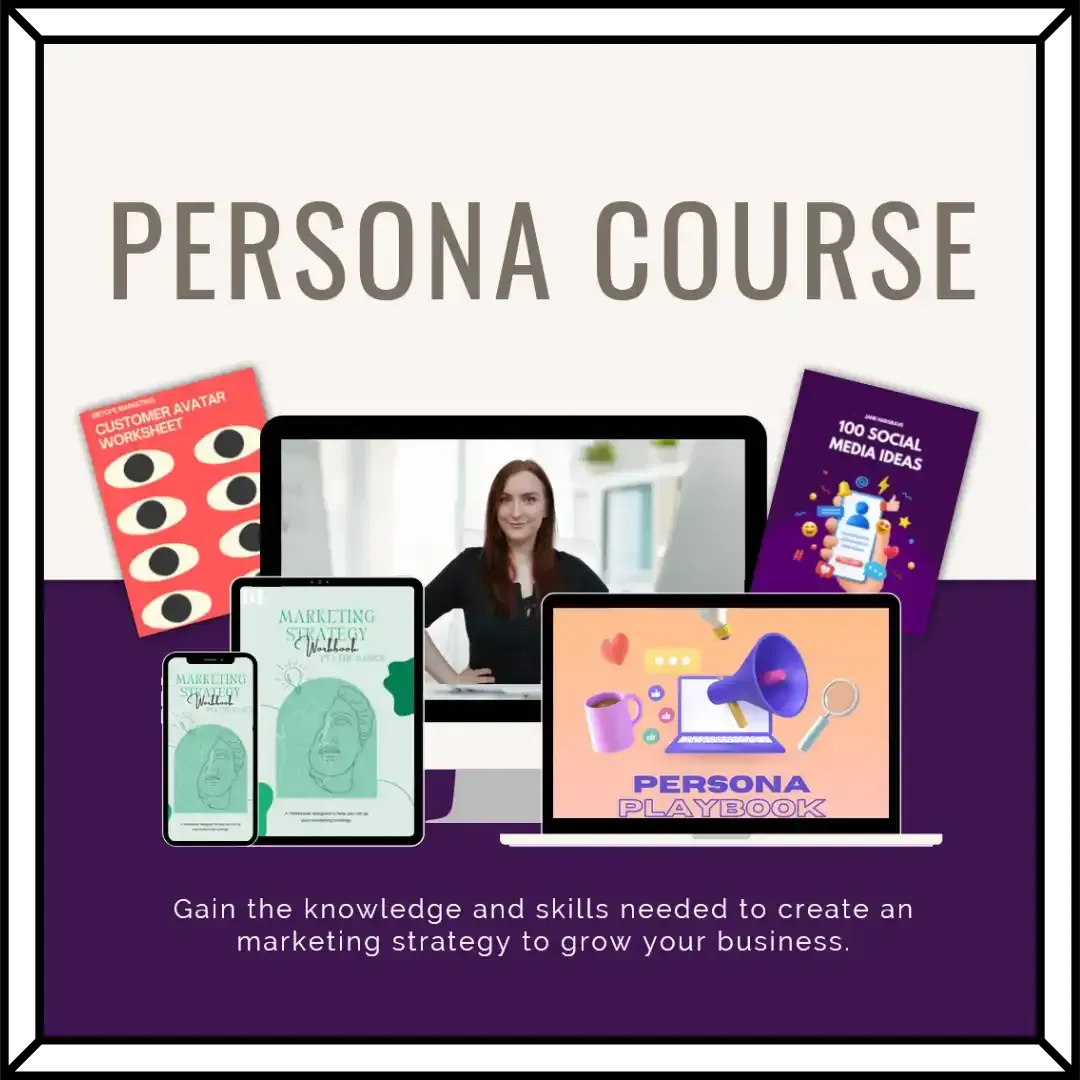 Ad for Jane Hargrave's Persona Course featuring marketing guides and a laptop screen with strategy tools