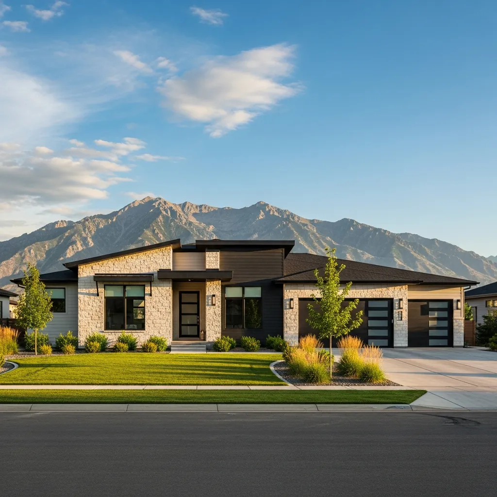 Modern Utah home with Wasatch mountains in background representing lower mortgage rate opportunities for homebuyers