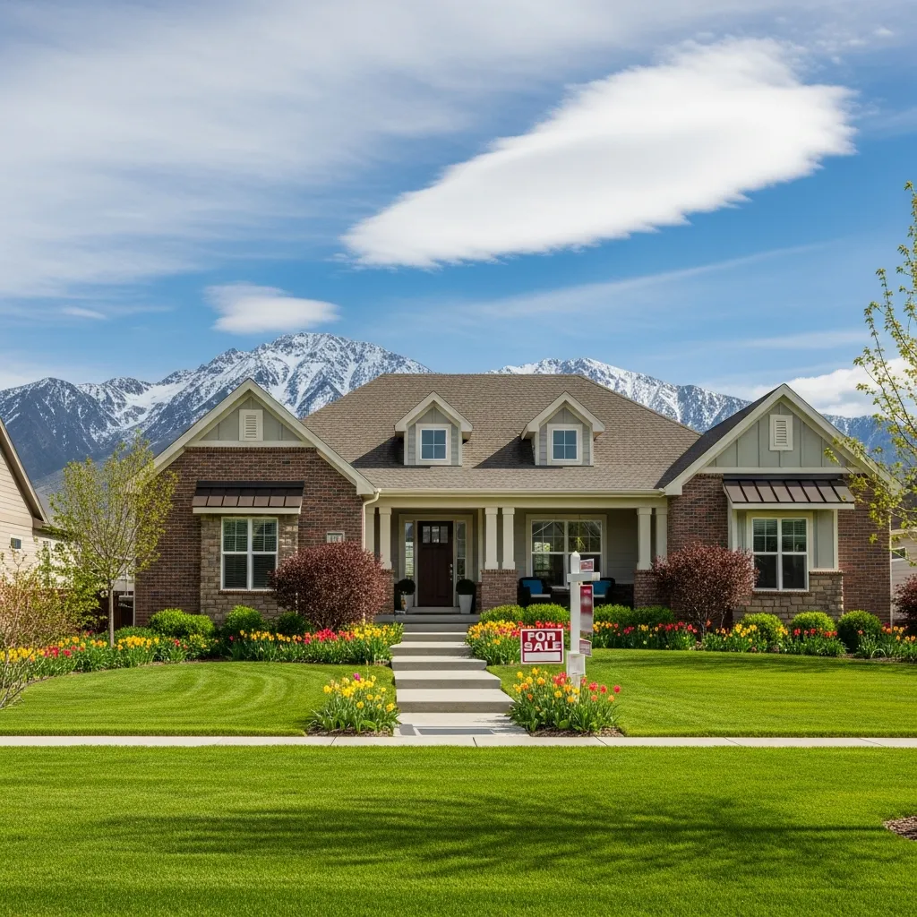 Modern Utah home for sale during spring homebuying season with Wasatch mountains in background