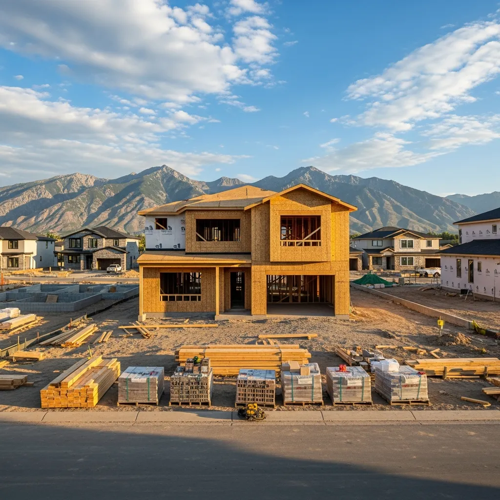 New home construction site in Utah with Wasatch Mountains in background showing modern homes being built