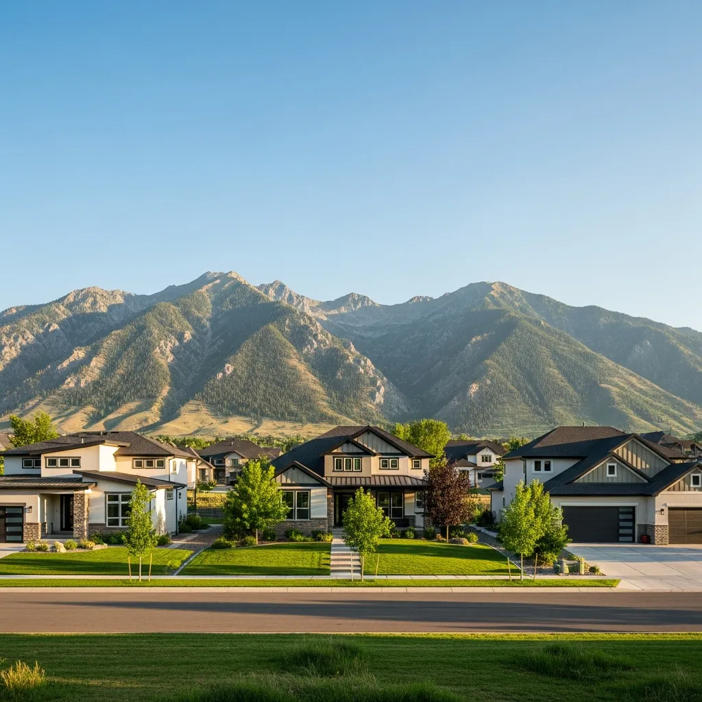 Modern Utah homes in a suburban Wasatch Front neighborhood with mountain views