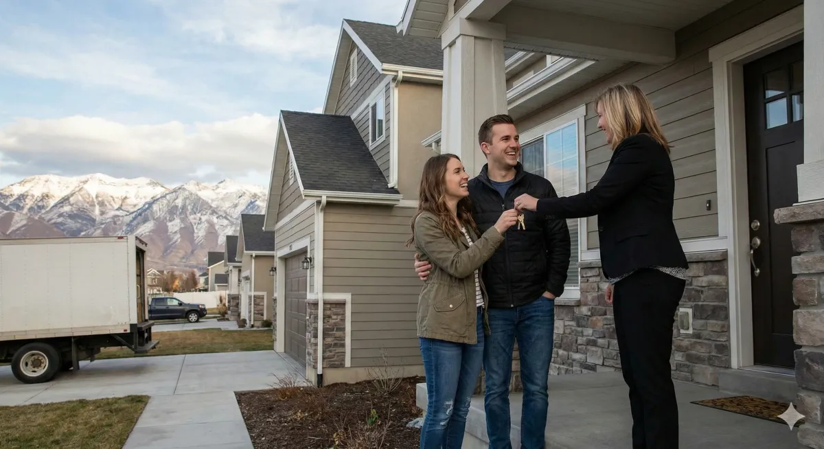  Young Utah couple receiving keys to their first home with mountain view in background
