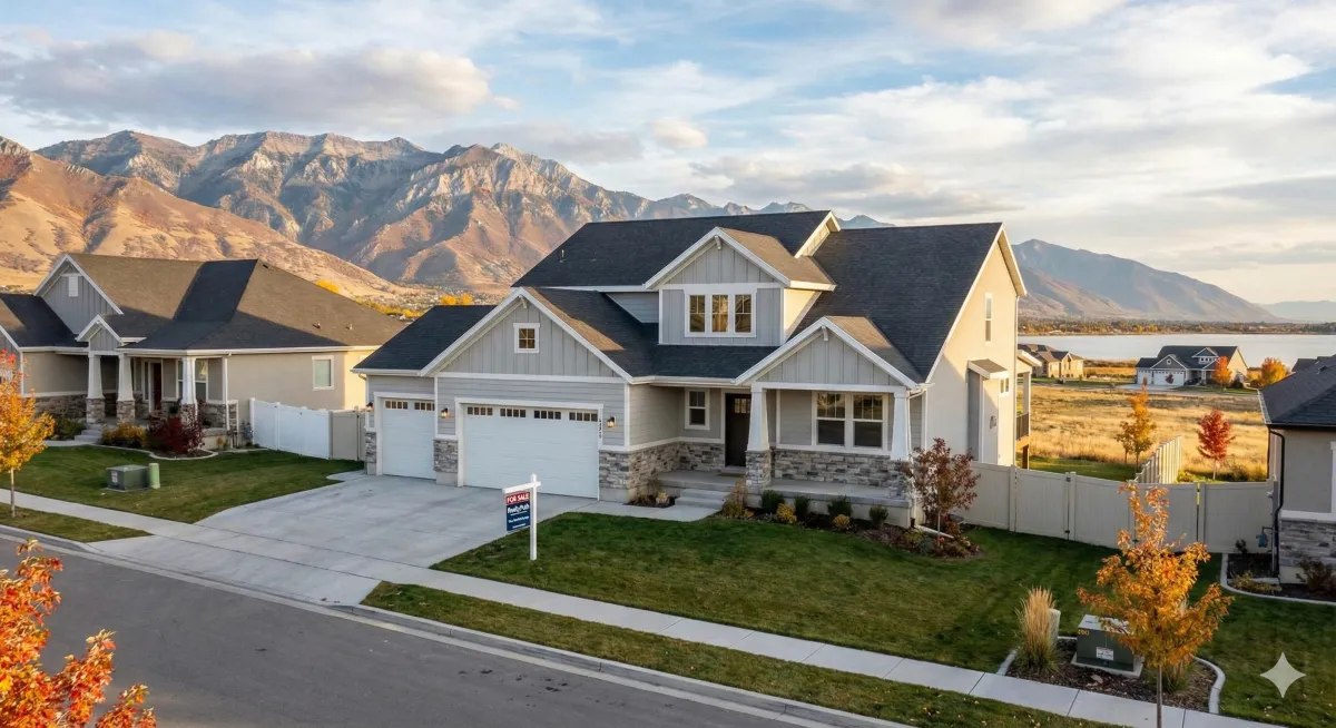 Utah County home with for sale sign and mountain backdrop in Saratoga Springs neighborhood