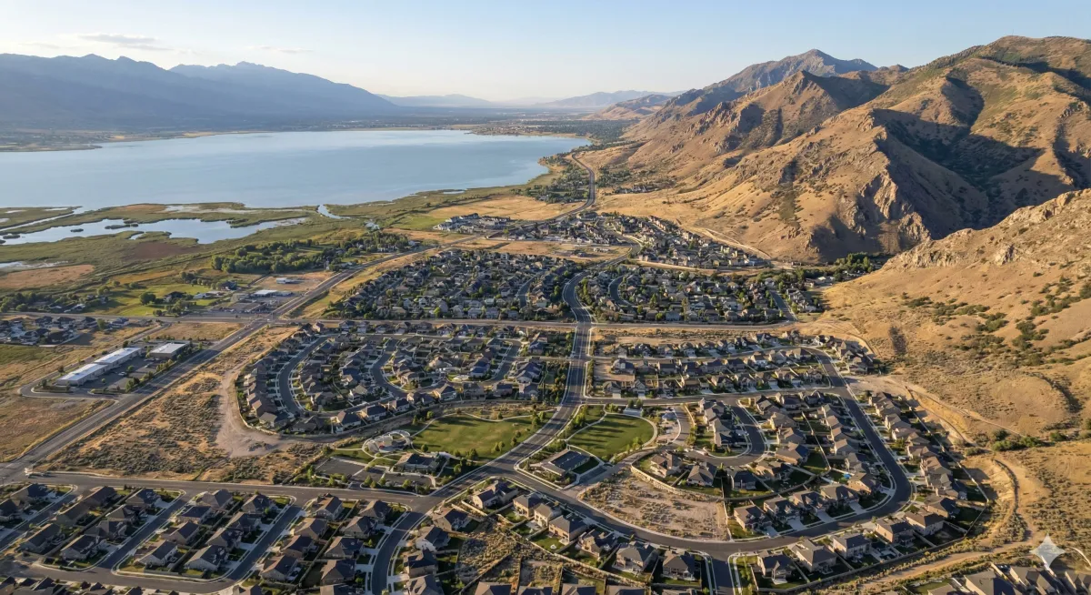 Aerial view of Eagle Mountain Utah neighborhood with Oquirrh Mountains and Utah Lake