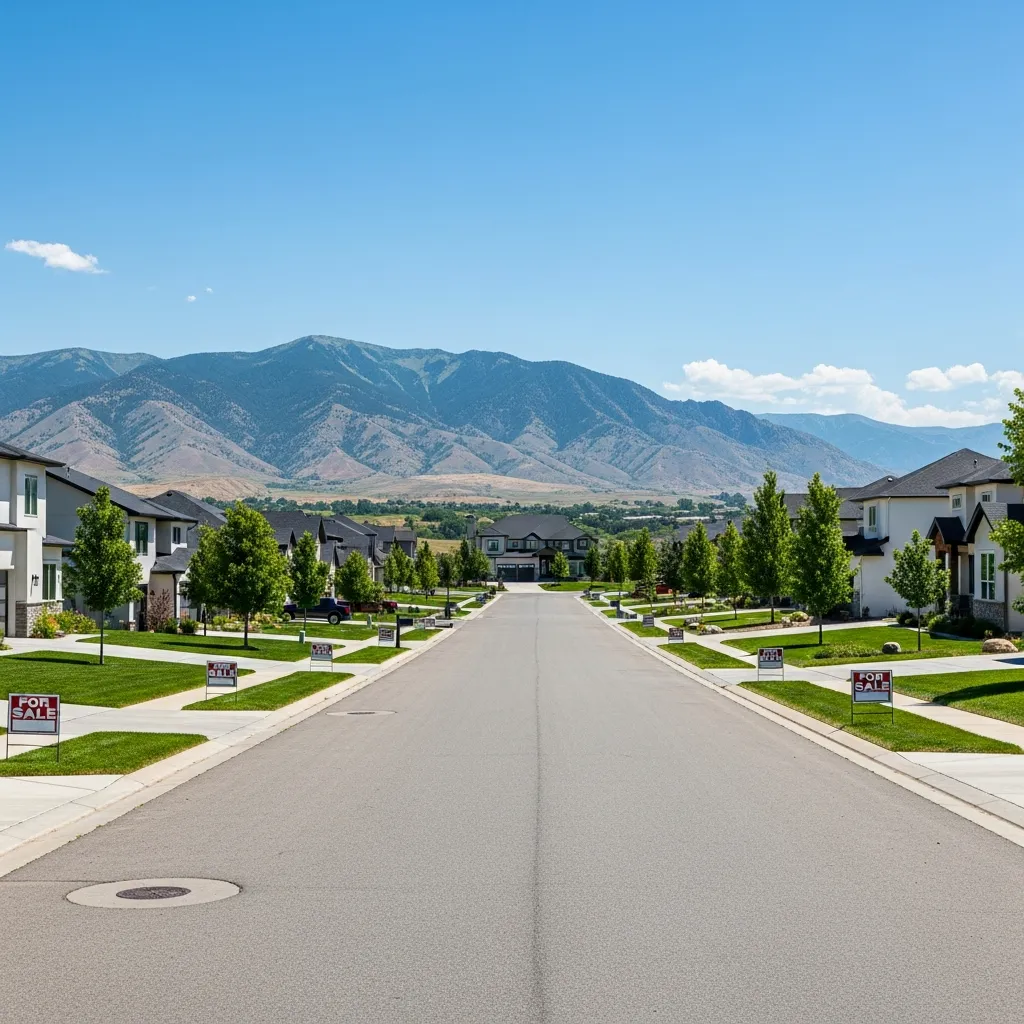 Modern Utah suburban neighborhood with multiple homes for sale along tree-lined street with mountain views