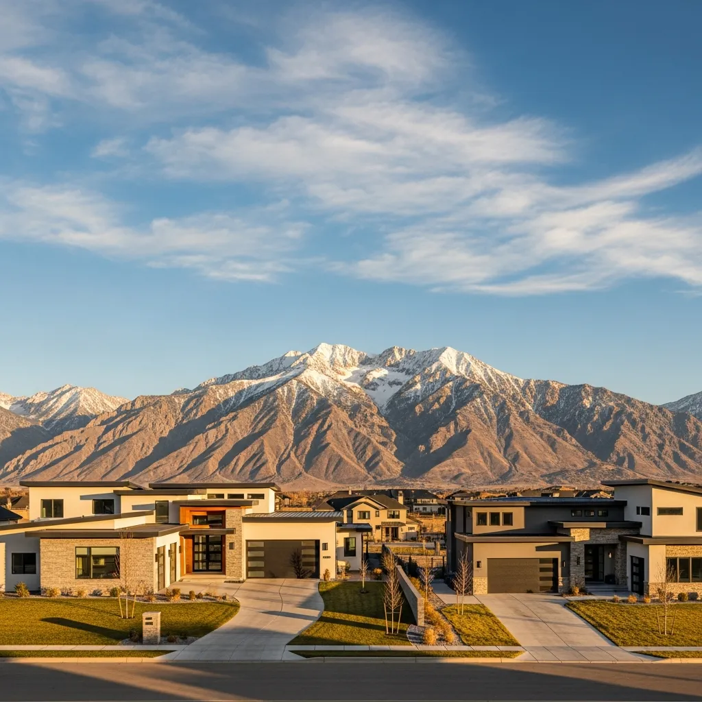 Modern Utah homes along the Wasatch Front with mountain views at sunset